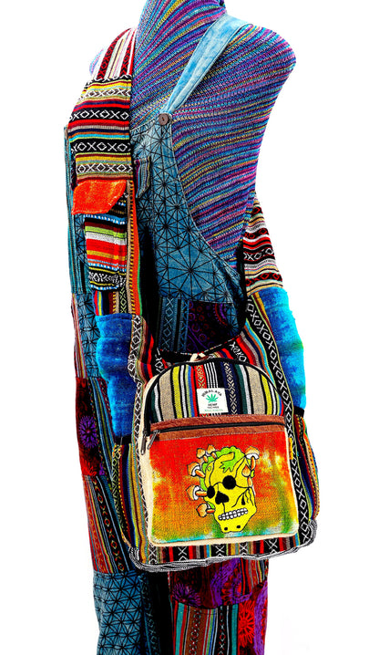 Skull Mushroom Hemp Crossbody | Hand Embroidered Tie Dye Messenger Bag