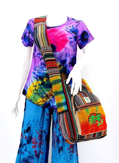 Chameleon Hemp Crossbody Bag | Hand Embroidered Tie Dye Messenger Bag