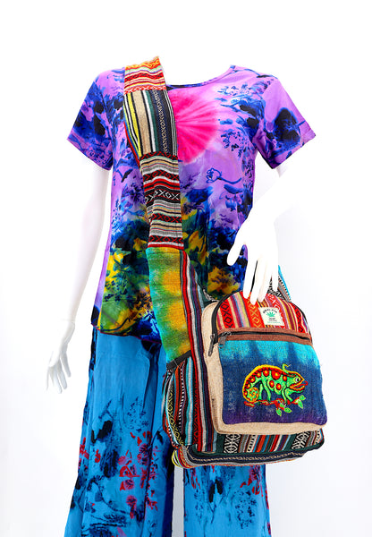 Chameleon Hemp Crossbody Bag | Hand Embroidered Tie Dye Messenger Bag