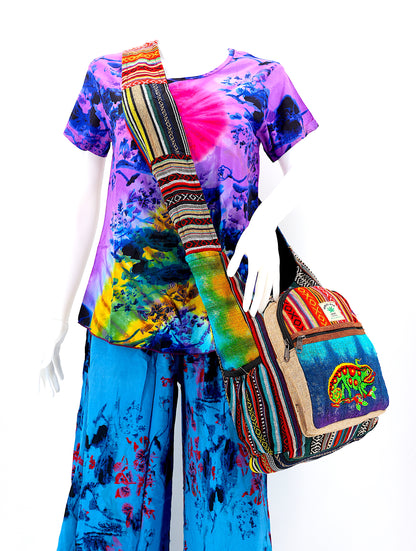 Chameleon Hemp Crossbody Bag | Hand Embroidered Tie Dye Messenger Bag