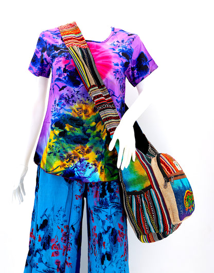Chameleon Hemp Crossbody Bag | Hand Embroidered Tie Dye Messenger Bag