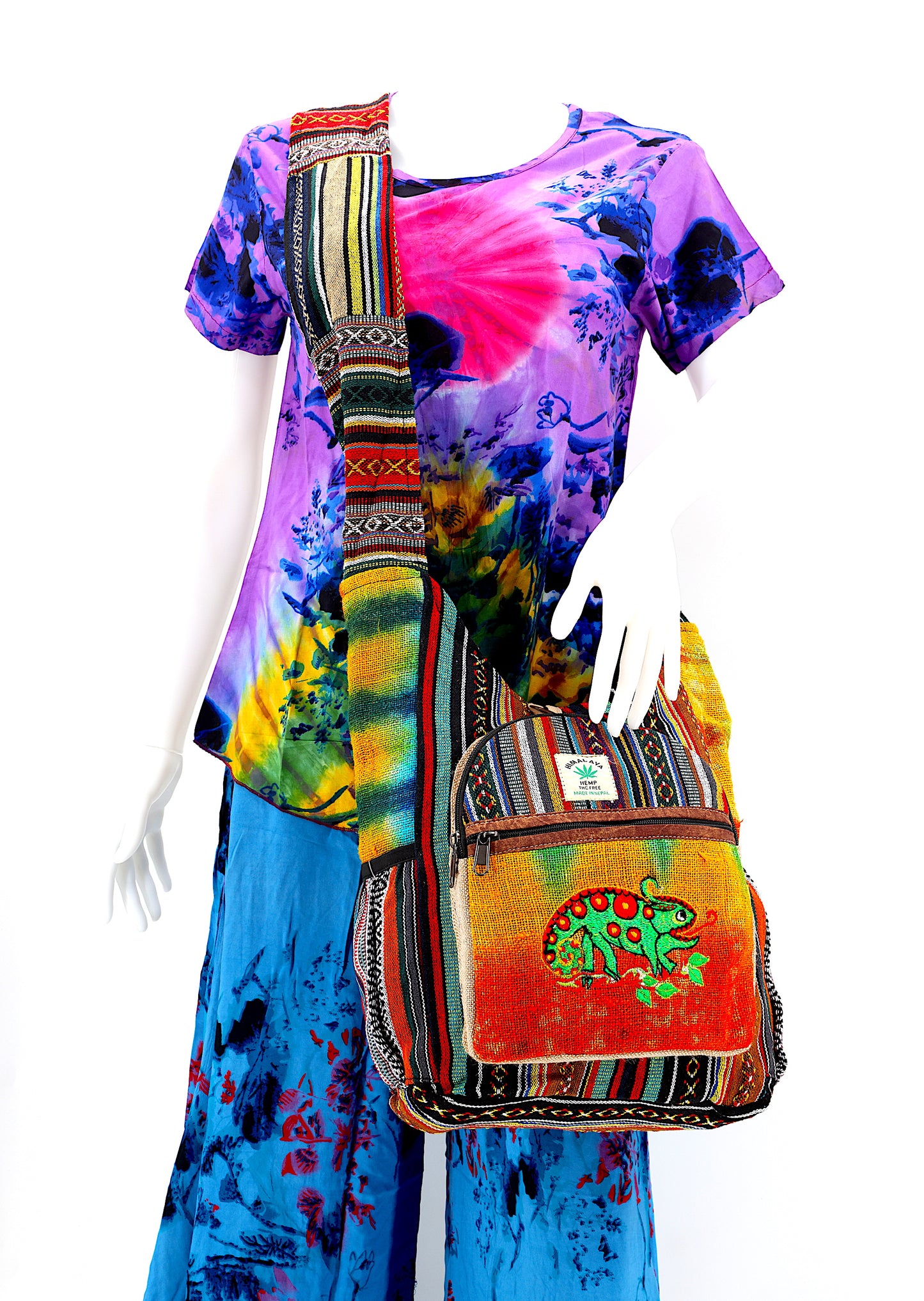 Hemp Chameleon Hand Embroidered Tie Dye Crossbody Bag