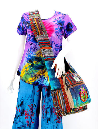Butterfly Flower Hemp Crossbody | Hand Embroidered Tie Dye Messenger Bag