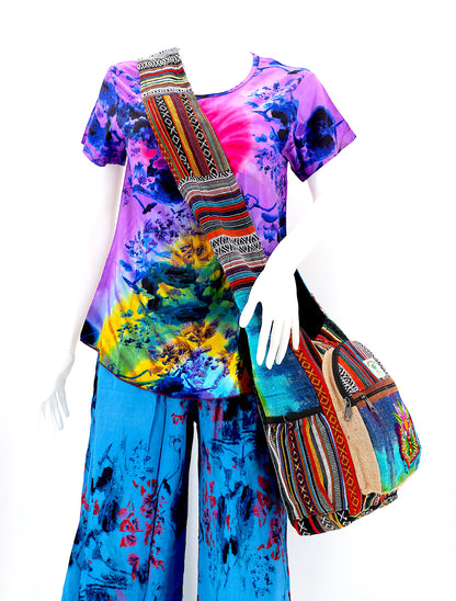 Butterfly Flower Hemp Crossbody | Hand Embroidered Tie Dye Messenger Bag