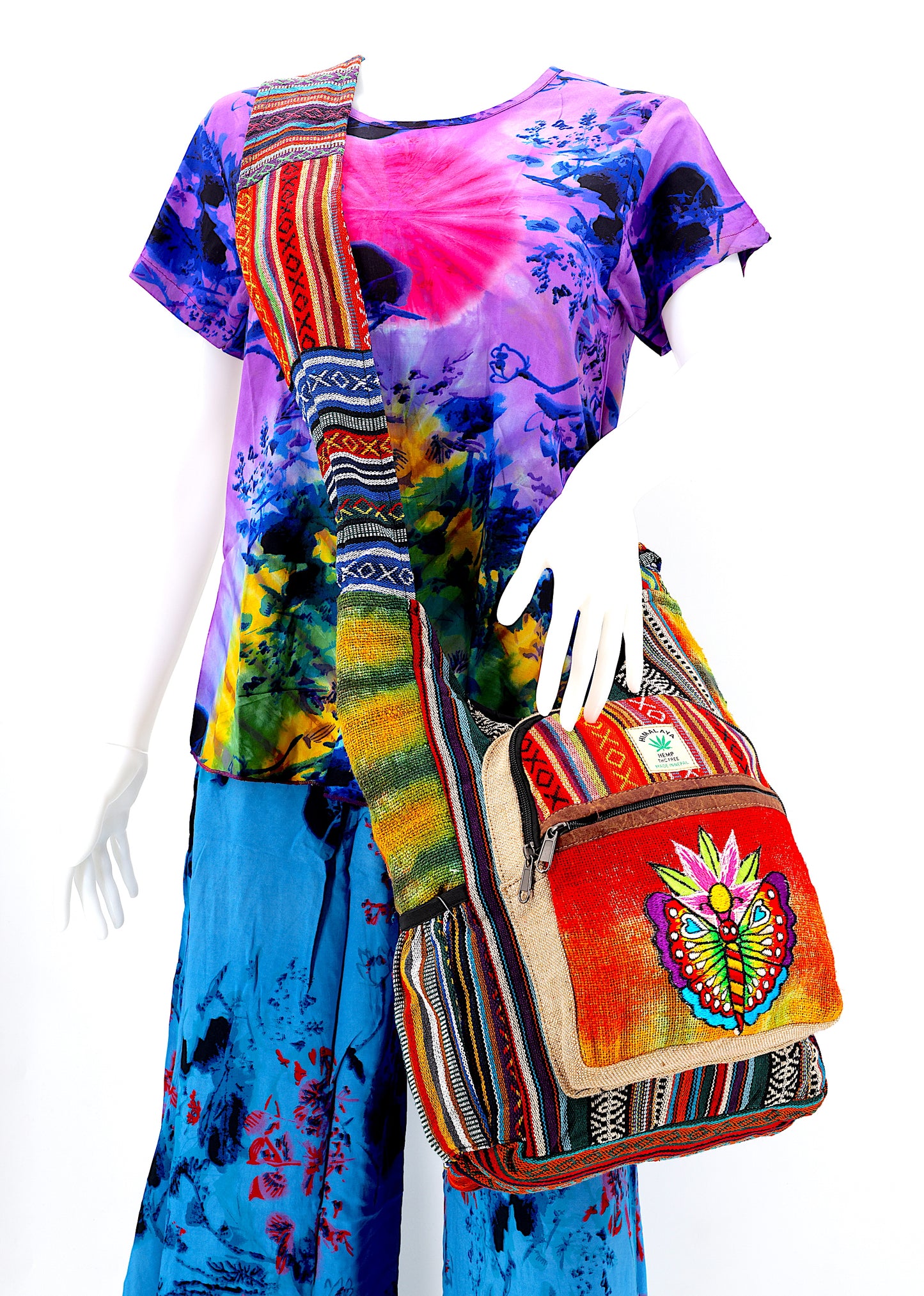 Hemp Butterfly Flower Hand Embroidered Tie Dye Crossbody Bag