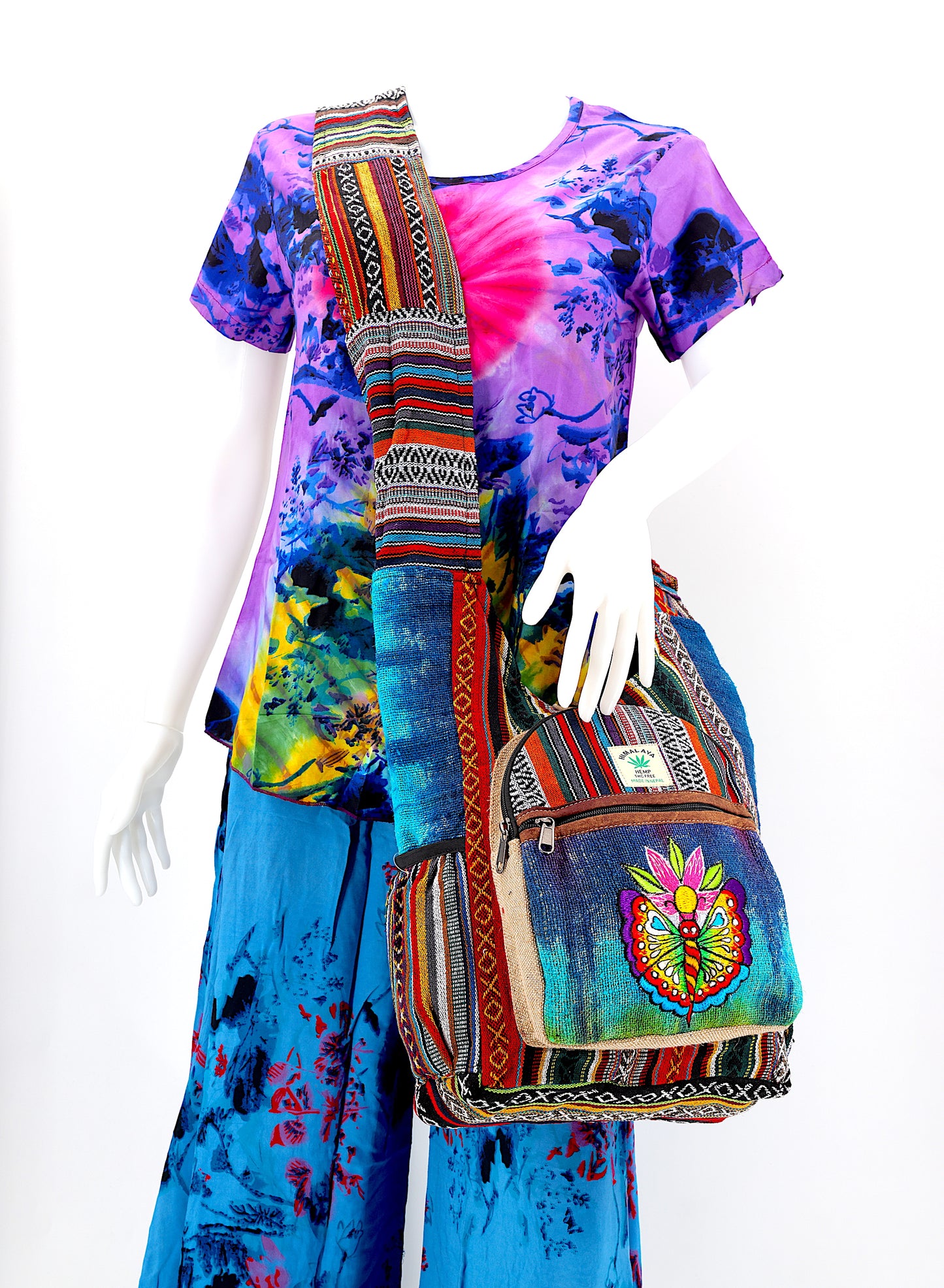 Hemp Butterfly Flower Hand Embroidered Tie Dye Crossbody Bag