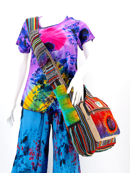 Sun & Moon Hemp Crossbody | Hand Embroidered Tie Dye Messenger Bag