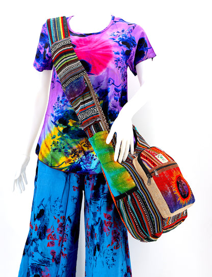 Sun & Moon Hemp Crossbody | Hand Embroidered Tie Dye Messenger Bag