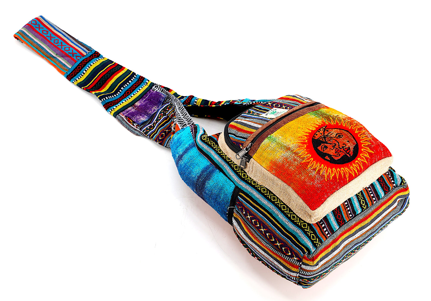 Hemp Sun and Moon Hand Embroidered Tie Dye Crossbody Bag