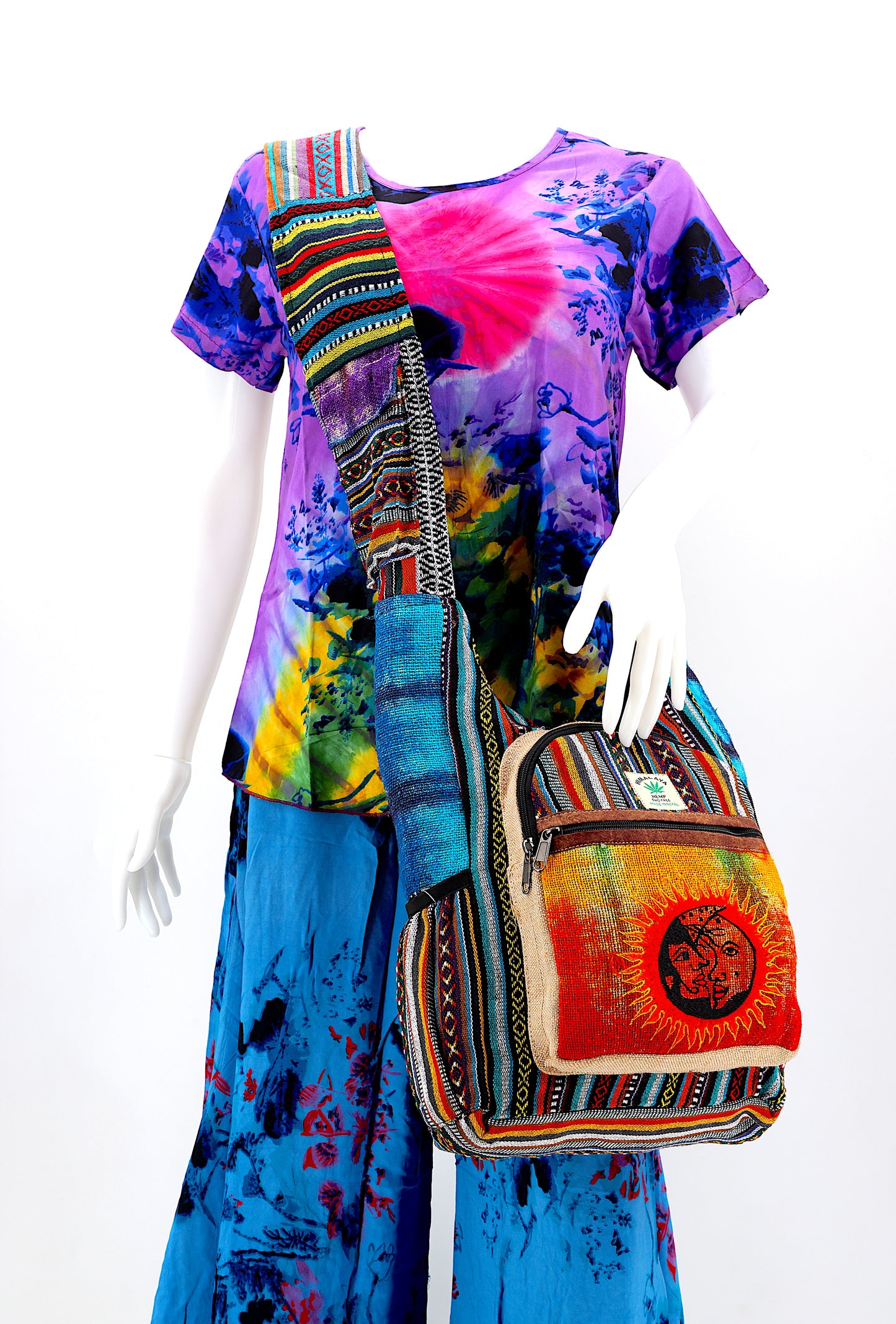 Hemp Sun and Moon Hand Embroidered Tie Dye Crossbody Bag