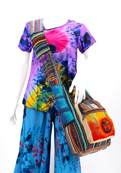 Sun & Moon Hemp Crossbody | Hand Embroidered Tie Dye Messenger Bag
