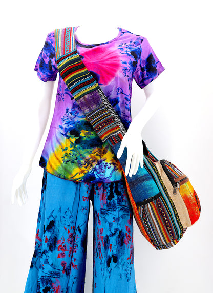 Sun & Moon Hemp Crossbody | Hand Embroidered Tie Dye Messenger Bag
