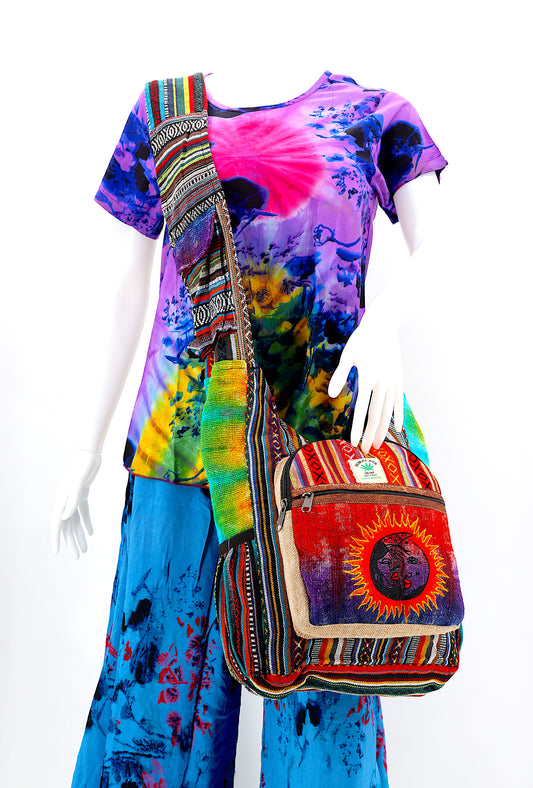 Hemp Sun and Moon Hand Embroidered Tie Dye Crossbody Bag