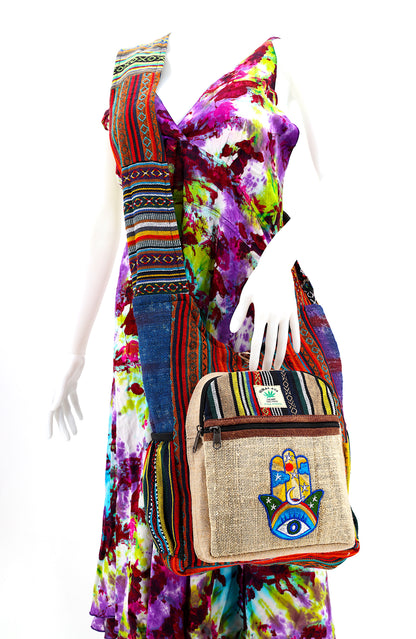 Hamsa Hand Hemp Crossbody Bag | Hand Embroidered Messenger Bag