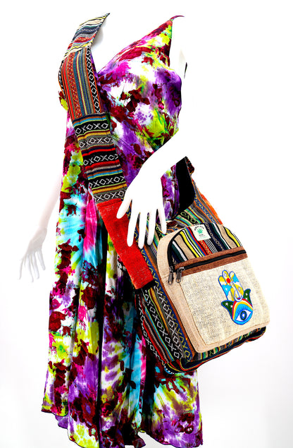 Hamsa Hand Hemp Crossbody Bag | Hand Embroidered Messenger Bag