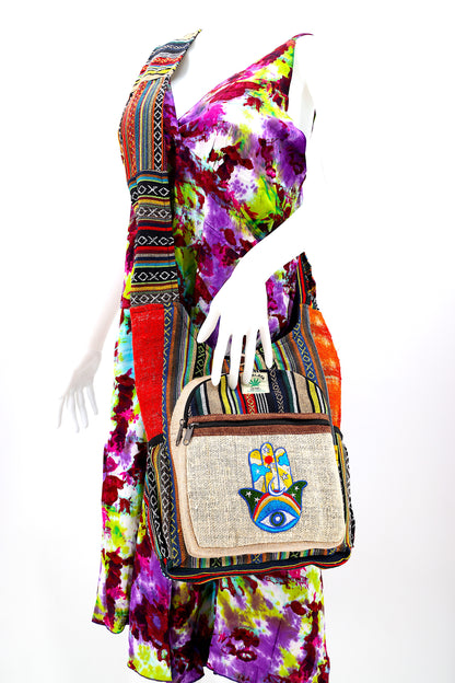 Hamsa Hand Hemp Crossbody Bag | Hand Embroidered Messenger Bag