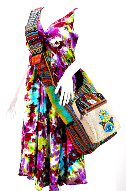 Hamsa Hand Hemp Crossbody Bag | Hand Embroidered Messenger Bag