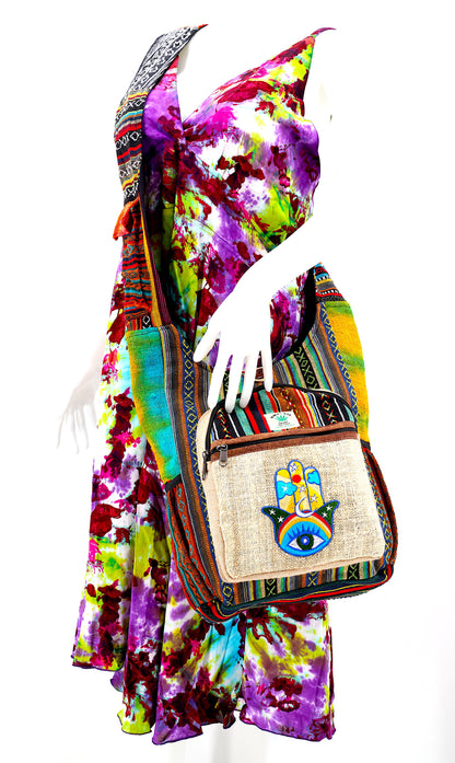 Hamsa Hand Hemp Crossbody Bag | Hand Embroidered Messenger Bag