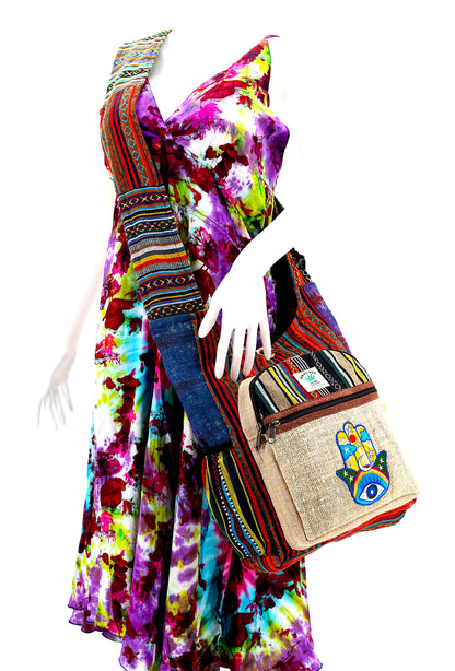 Hamsa Hand Hemp Crossbody Bag | Hand Embroidered Messenger Bag