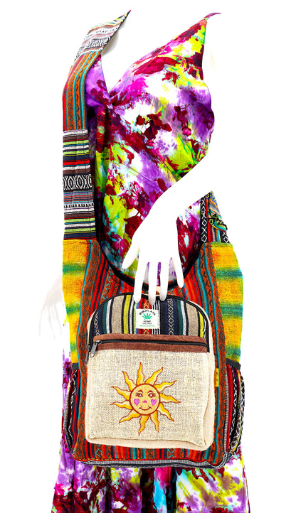Smiling Sun Hemp Crossbody Bag | Hand Embroidered Messenger Bag