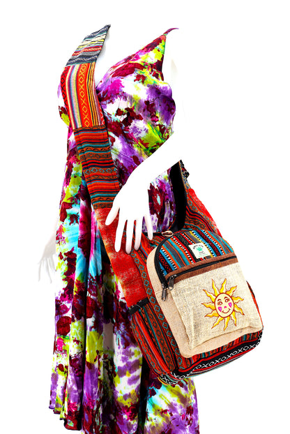 Smiling Sun Hemp Crossbody Bag | Hand Embroidered Messenger Bag