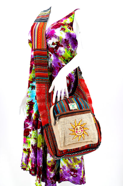 Smiling Sun Hemp Crossbody Bag | Hand Embroidered Messenger Bag