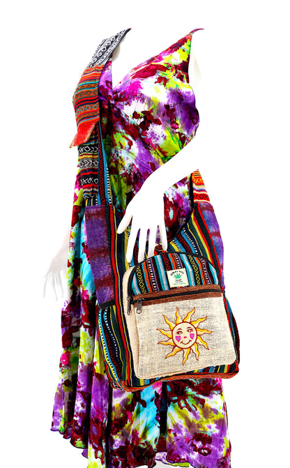 Smiling Sun Hemp Crossbody Bag | Hand Embroidered Messenger Bag
