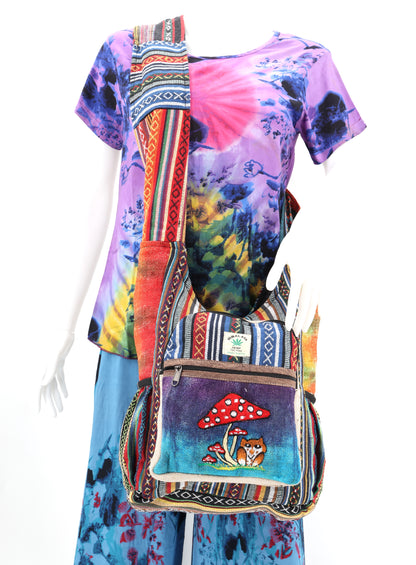 Owl Mushroom Hemp Crossbody | Hand Embroidered Messenger Bag