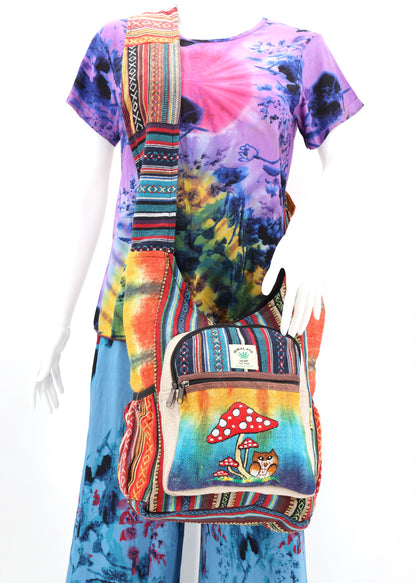 Owl Mushroom Hemp Crossbody | Hand Embroidered Messenger Bag