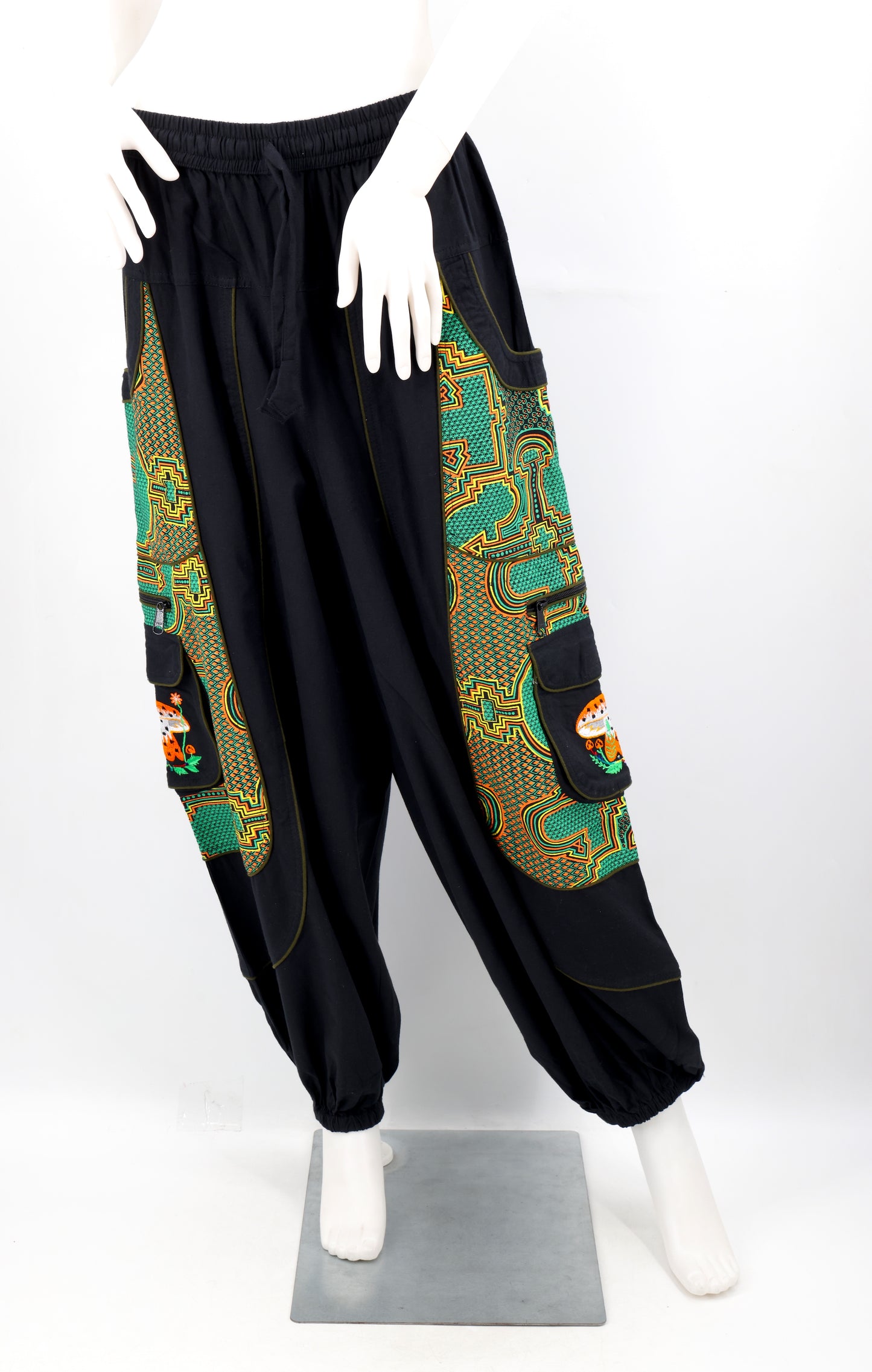 Geometric Tribal Multi-Pocket Harem Pants | Mushroom Hand-Embroidered Cotton Trousers