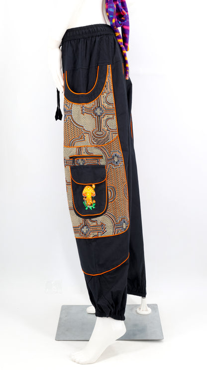 Geometric Tribal Multi-Pocket Harem Pants | Mushroom Hand-Embroidered Cotton Trousers