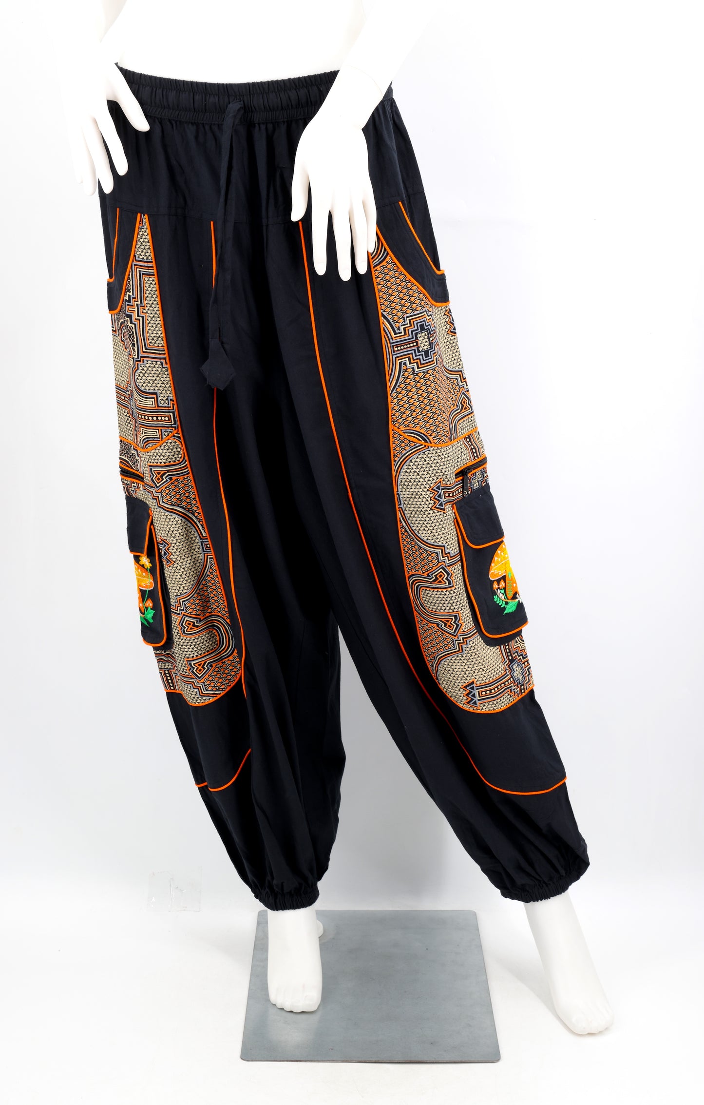 Geometric Tribal Multi-Pocket Harem Pants | Mushroom Hand-Embroidered Cotton Trousers