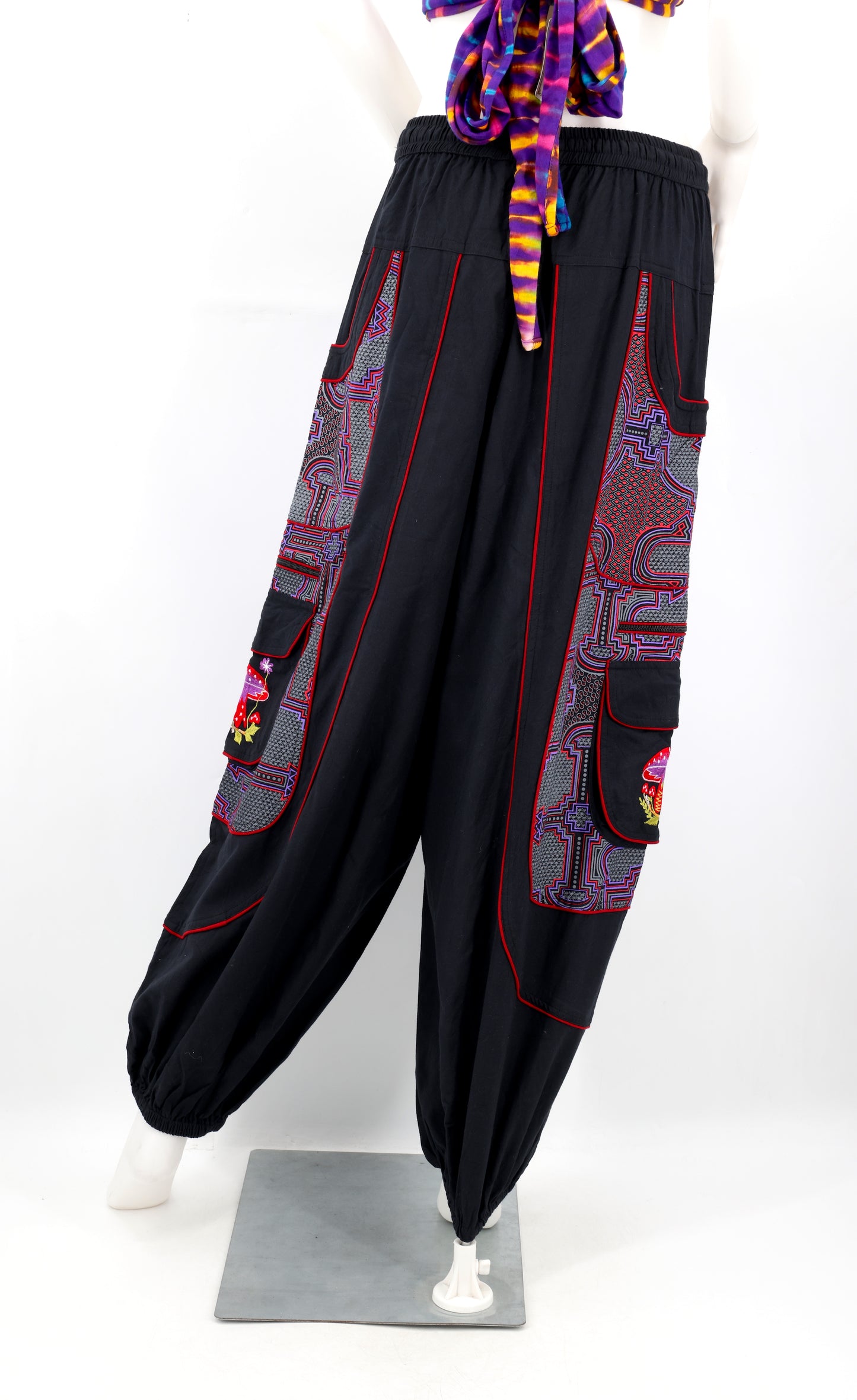 Geometric Tribal Multi-Pocket Harem Pants | Mushroom Hand-Embroidered Cotton Trousers