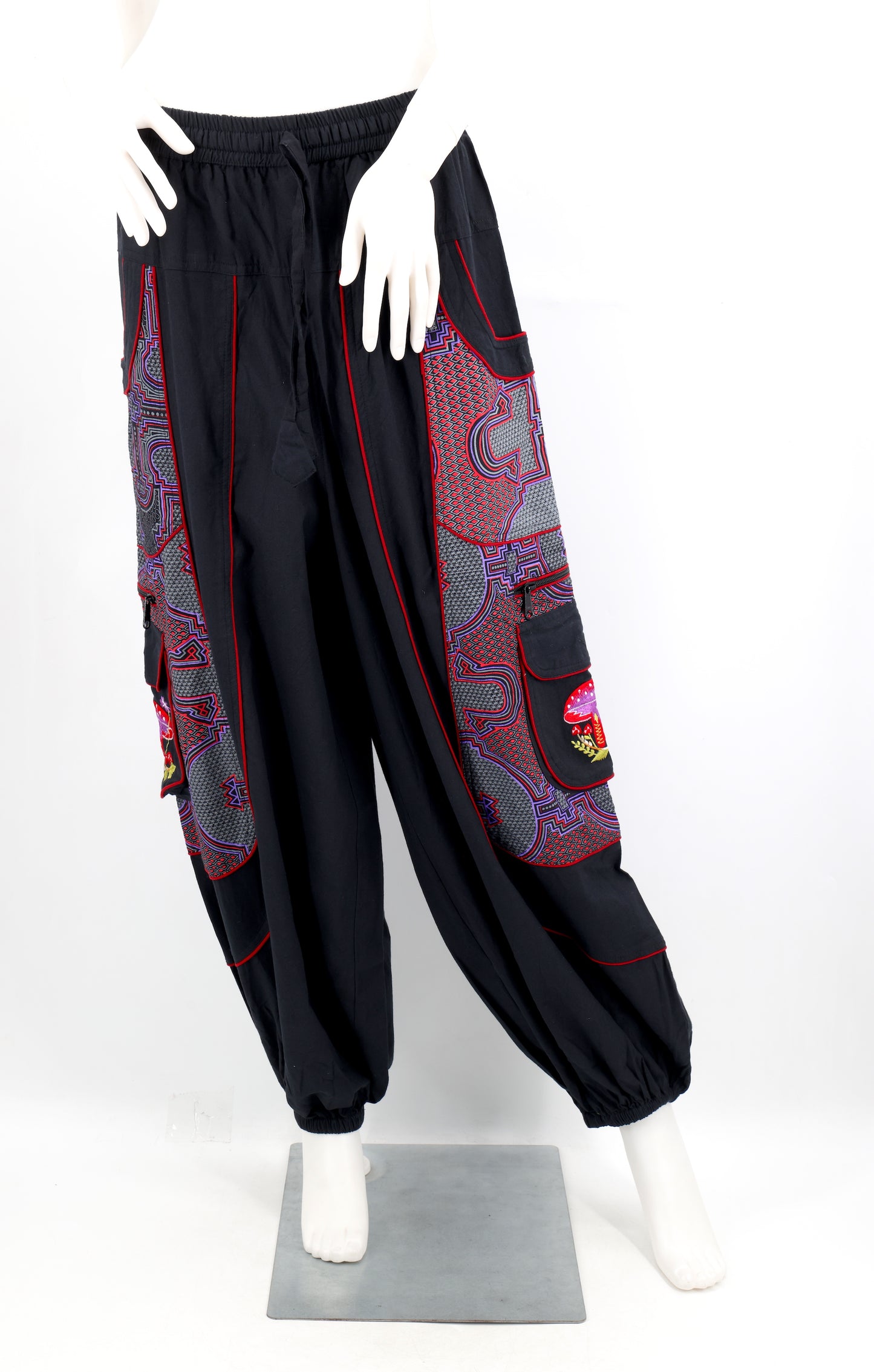 Geometric Tribal Multi-Pocket Harem Pants | Mushroom Hand-Embroidered Cotton Trousers