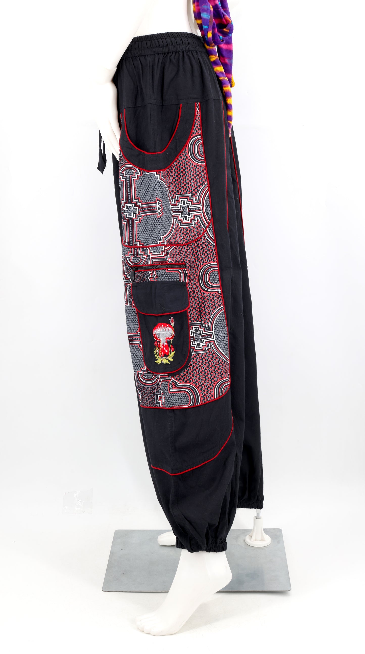 Geometric Tribal Multi-Pocket Harem Pants | Mushroom Hand-Embroidered Cotton Trousers