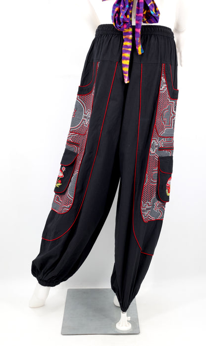 Geometric Tribal Multi-Pocket Harem Pants | Mushroom Hand-Embroidered Cotton Trousers