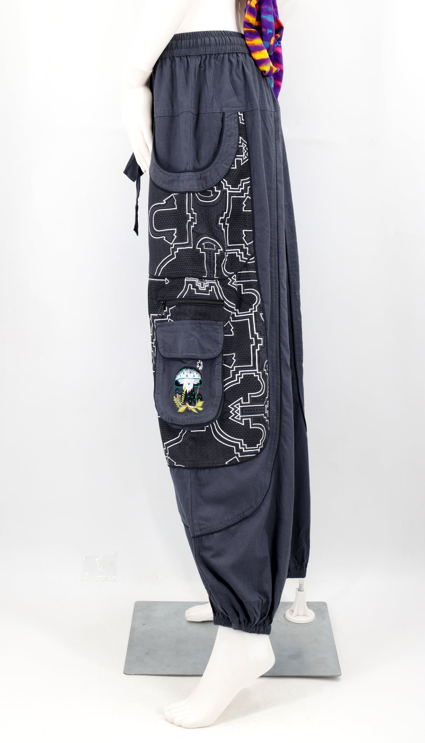 Geometric Tribal Multi-Pocket Harem Pants | Mushroom Hand-Embroidered Cotton Trousers