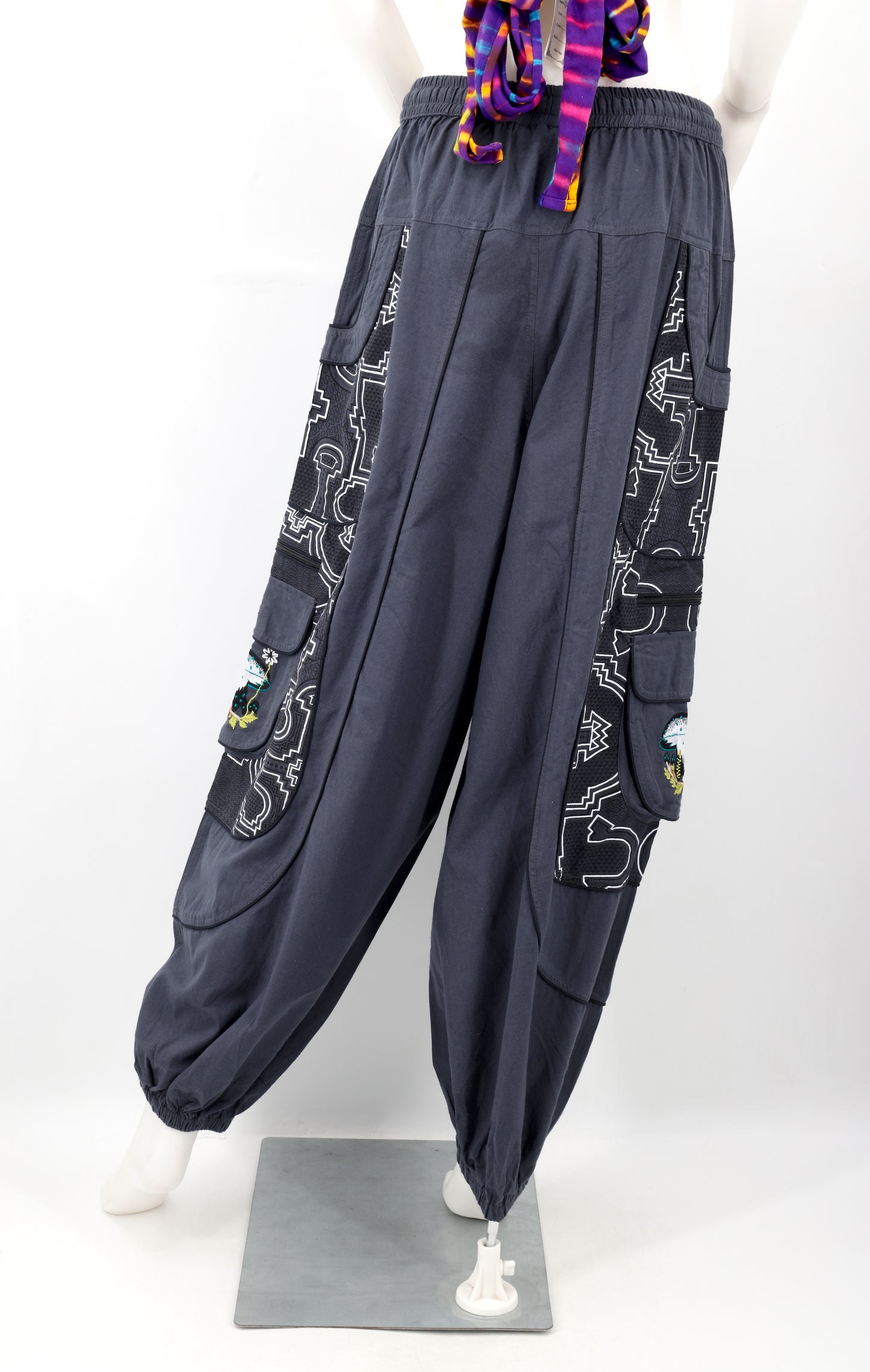 Geometric Tribal Multi-Pocket Harem Pants | Mushroom Hand-Embroidered Cotton Trousers