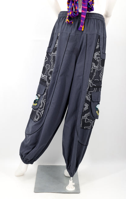 Geometric Tribal Multi-Pocket Harem Pants | Mushroom Hand-Embroidered Cotton Trousers