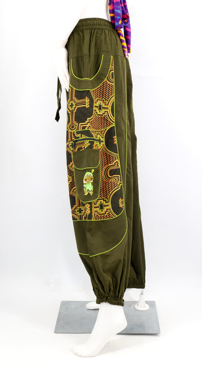 Geometric Tribal Multi-Pocket Harem Pants | Mushroom Hand-Embroidered Cotton Trousers