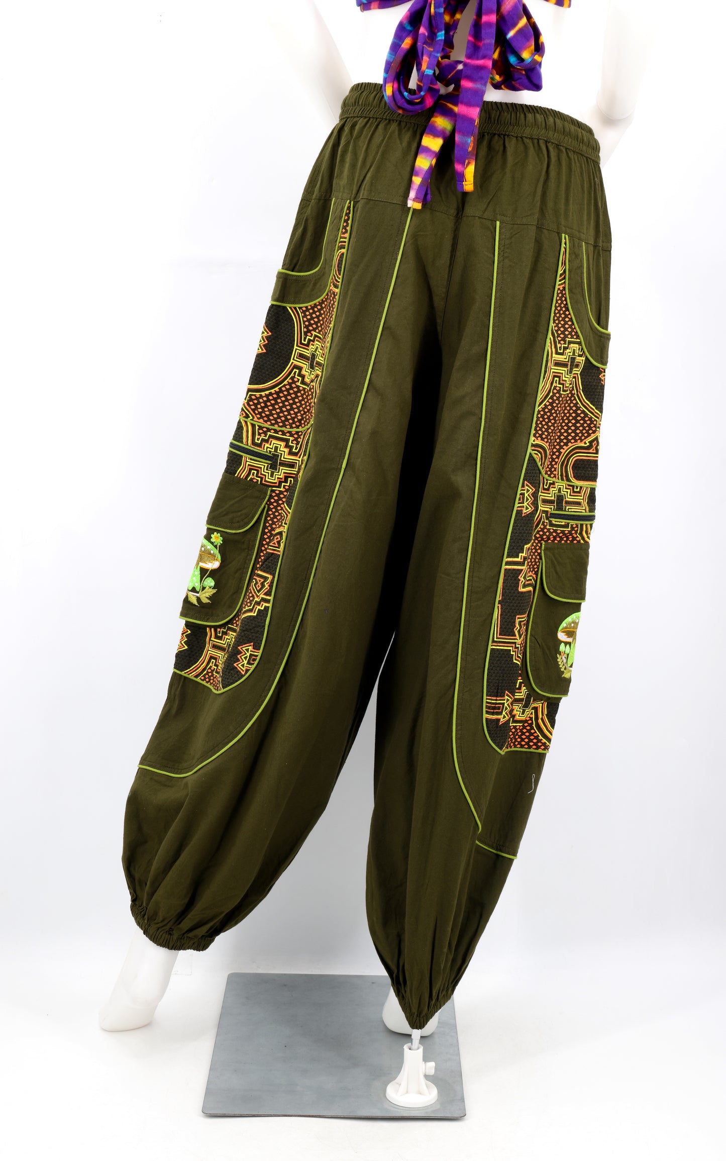 Geometric Tribal Multi-Pocket Harem Pants | Mushroom Hand-Embroidered Cotton Trousers