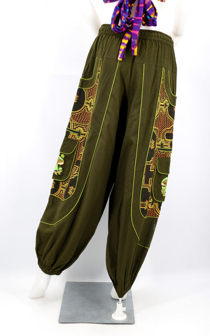 Geometric Tribal Multi-Pocket Harem Pants | Mushroom Hand-Embroidered Cotton Trousers