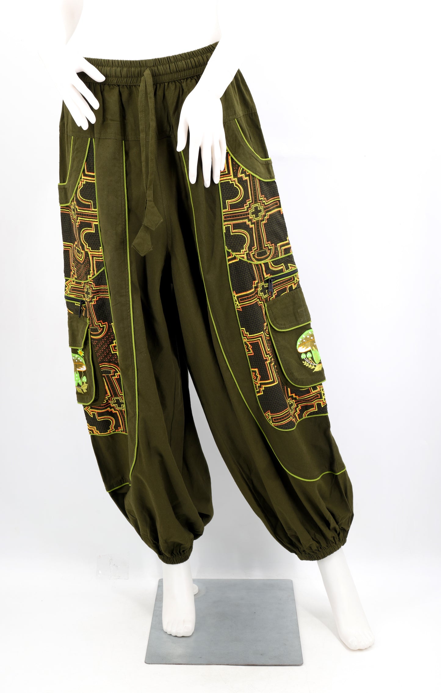 Geometric Tribal Multi-Pocket Harem Pants | Mushroom Hand-Embroidered Cotton Trousers