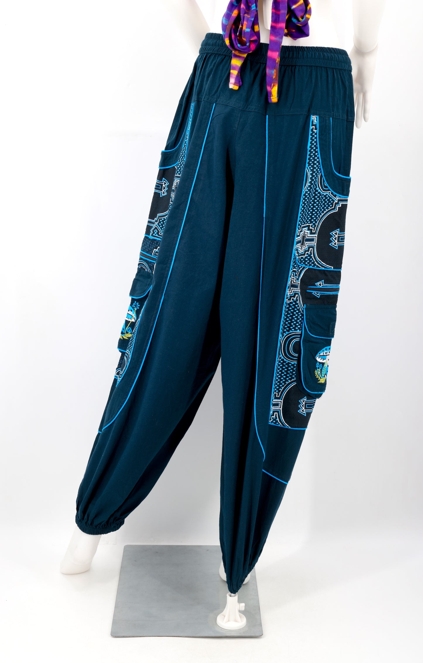Geometric Tribal Multi-Pocket Harem Pants | Mushroom Hand-Embroidered Cotton Trousers