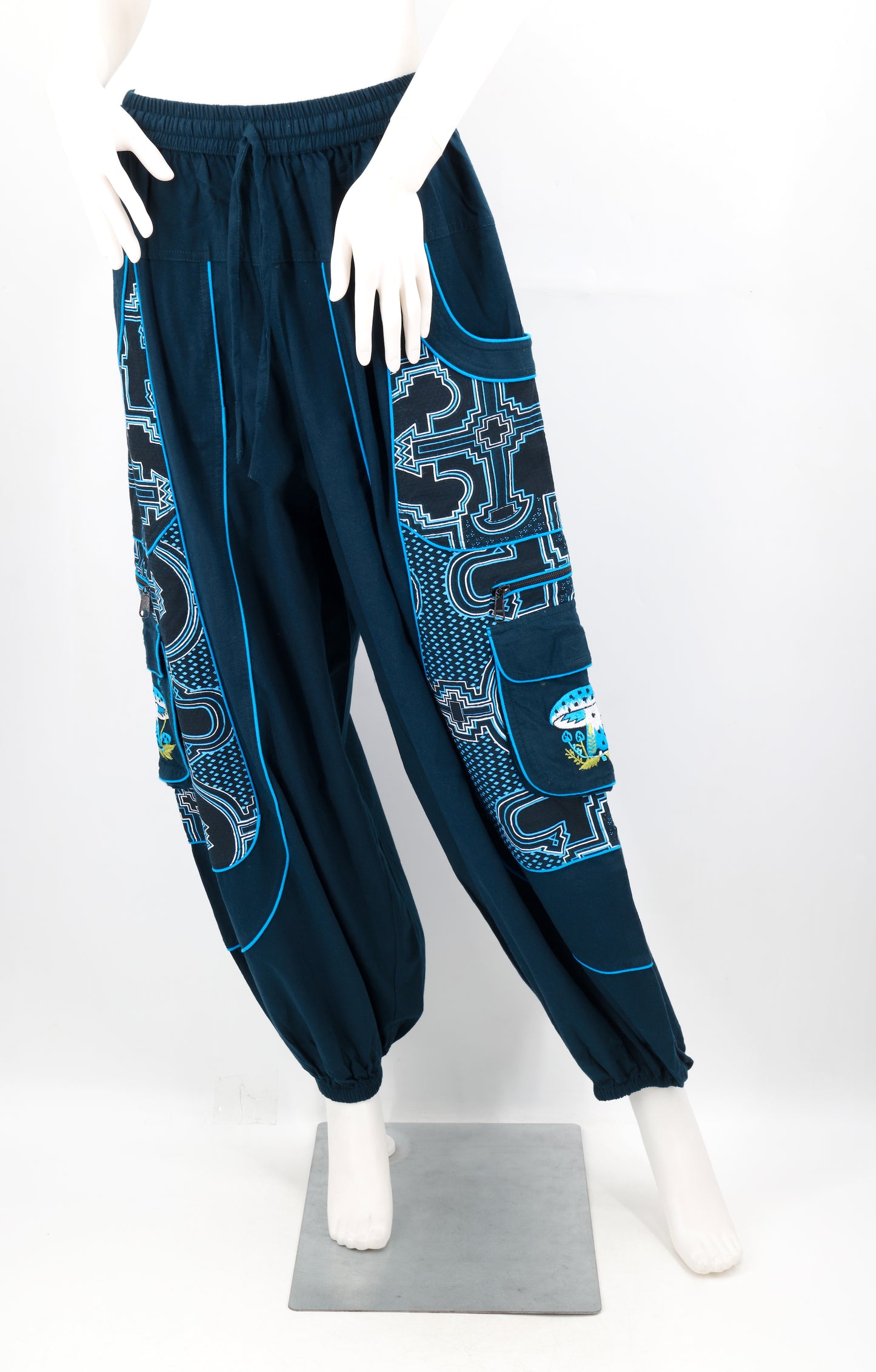Geometric Tribal Multi-Pocket Harem Pants | Mushroom Hand-Embroidered Cotton Trousers