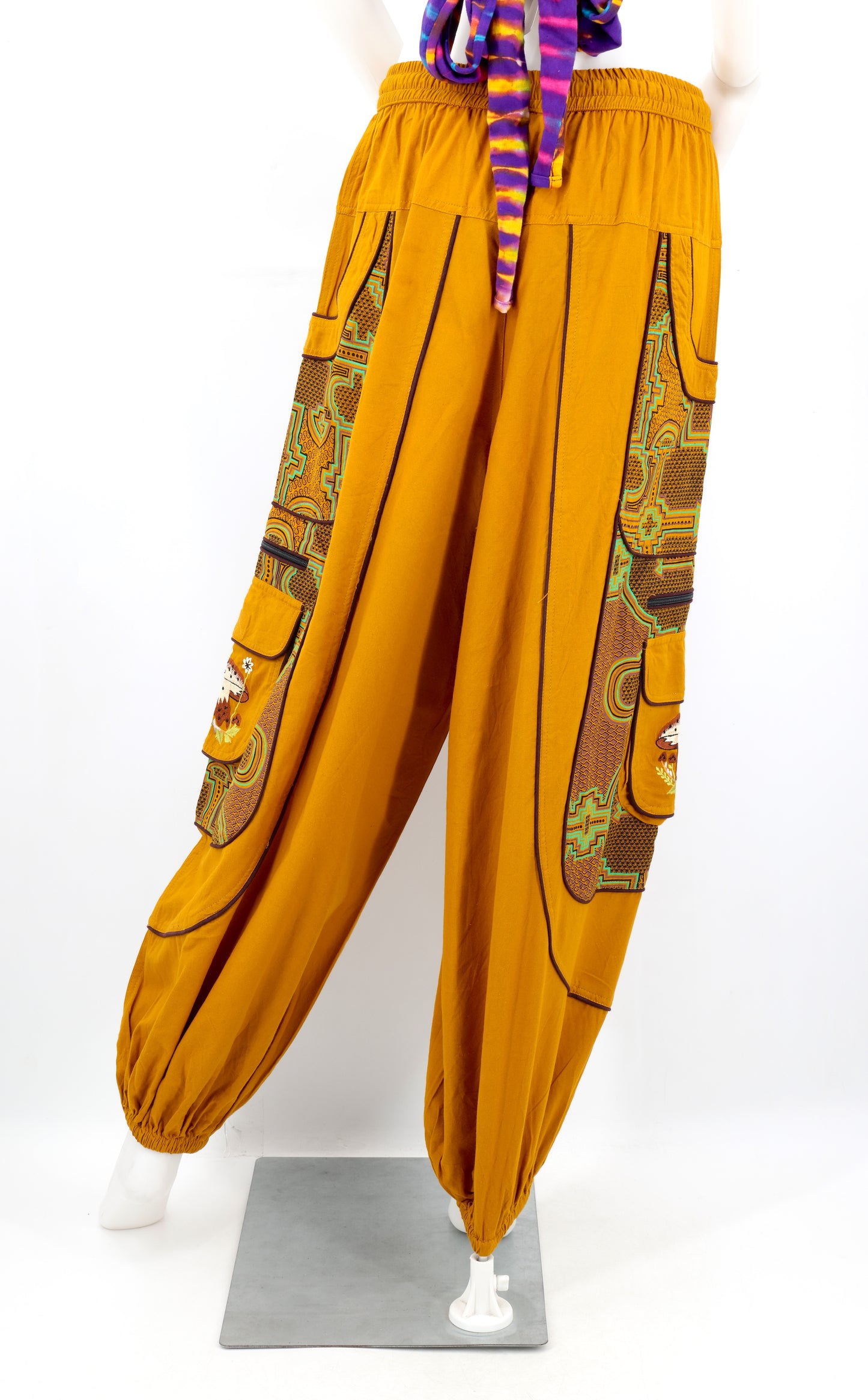 Geometric Tribal Multi-Pocket Harem Pants | Mushroom Hand-Embroidered Cotton Trousers