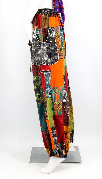 Mushroom Patchwork Multi-Pocket Harem Pants | Hand-Stitched Cotton Cargo