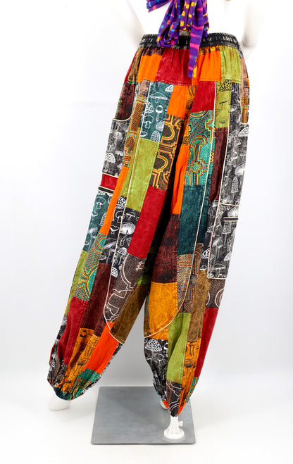 Mushroom Patchwork Multi-Pocket Harem Pants | Hand-Stitched Cotton Cargo