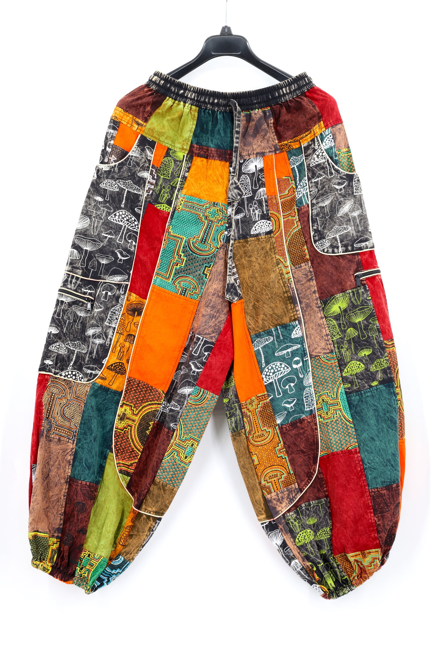 Mushroom Patchwork Multi-Pocket Harem Pants | Hand-Stitched Cotton Cargo