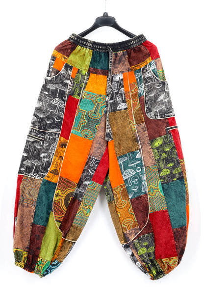 Mushroom Patchwork Multi-Pocket Harem Pants | Hand-Stitched Cotton Cargo
